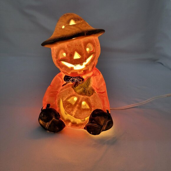 VTG Halloween Night Light Scarecrow Pumpkin Jack-o-lantern Brown Ceramic Mold 6" - Picture 6 of 7